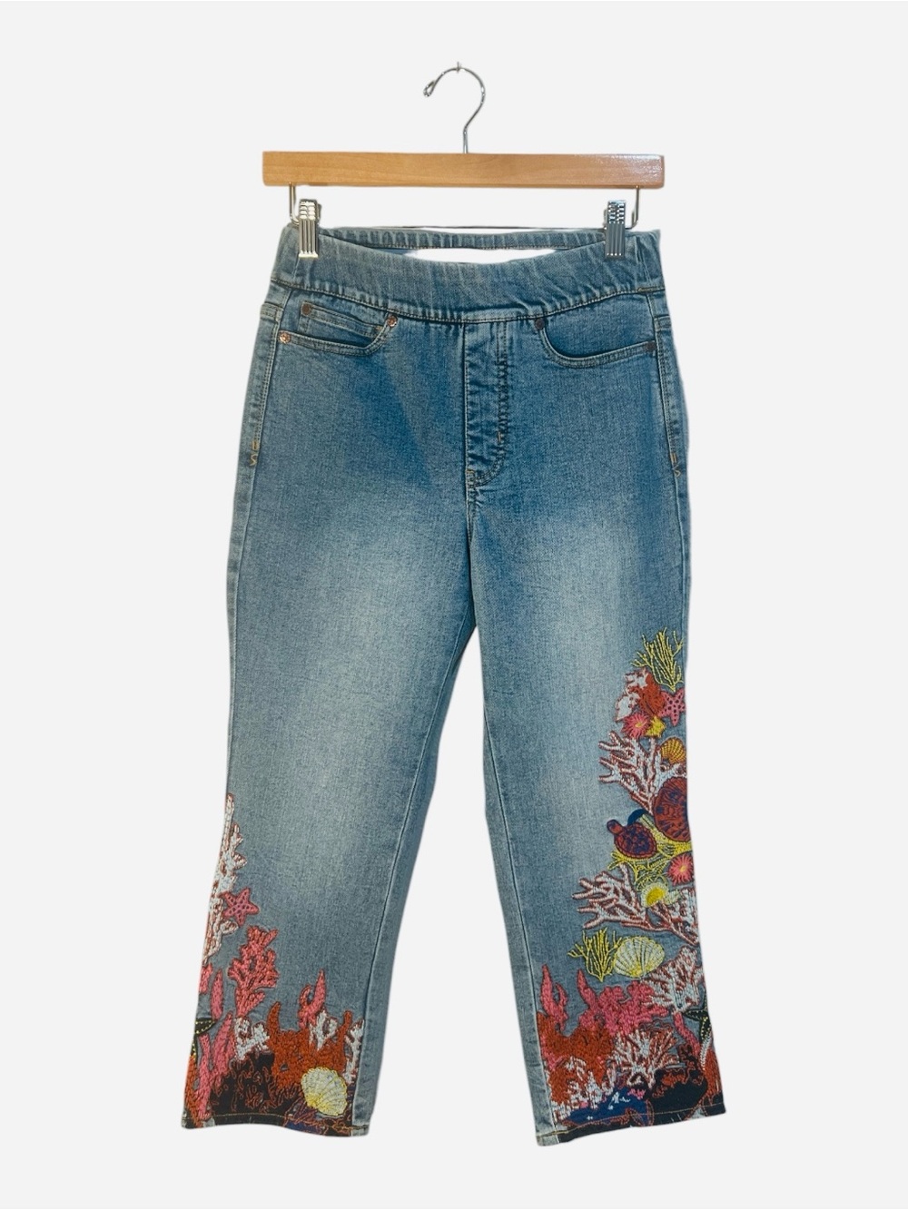Soft Surroundings Embellished Sealife Pull On Crop Jeans Embroidered Stretch